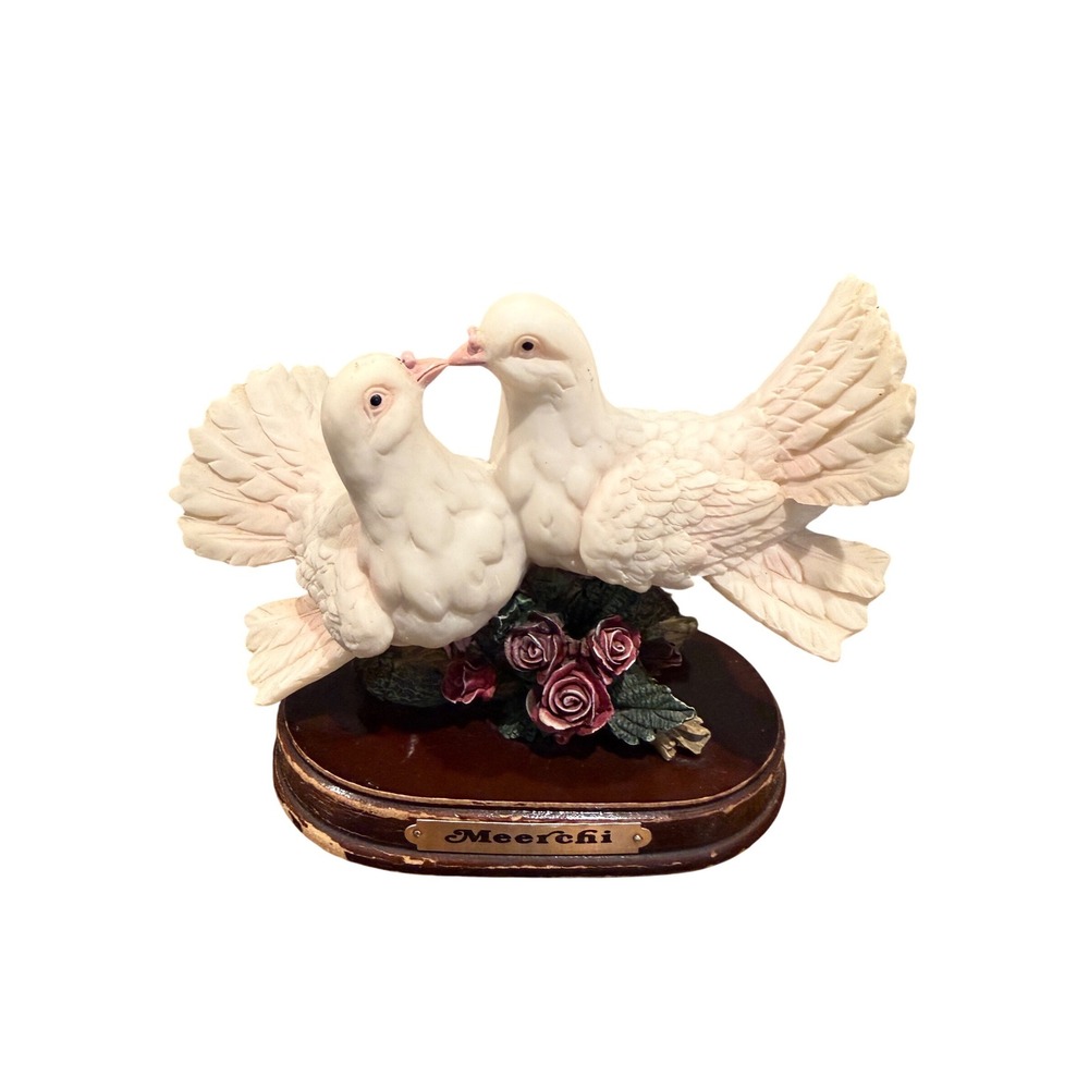 Meerchi White Doves and Roses Figurine Romantic Bird Sculpture on Wood Base
